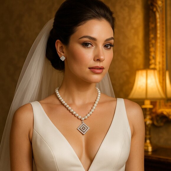 Bridal Pearl Crystal Jewelry Set, Wedding Necklace earrings Set - Picture 2 of 2